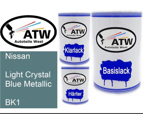 Nissan, Light Crystal Blue Metallic, BK1: 500ml Lackdose + 500ml Klarlack + 250ml Härter - Set, von ATW Autoteile West.